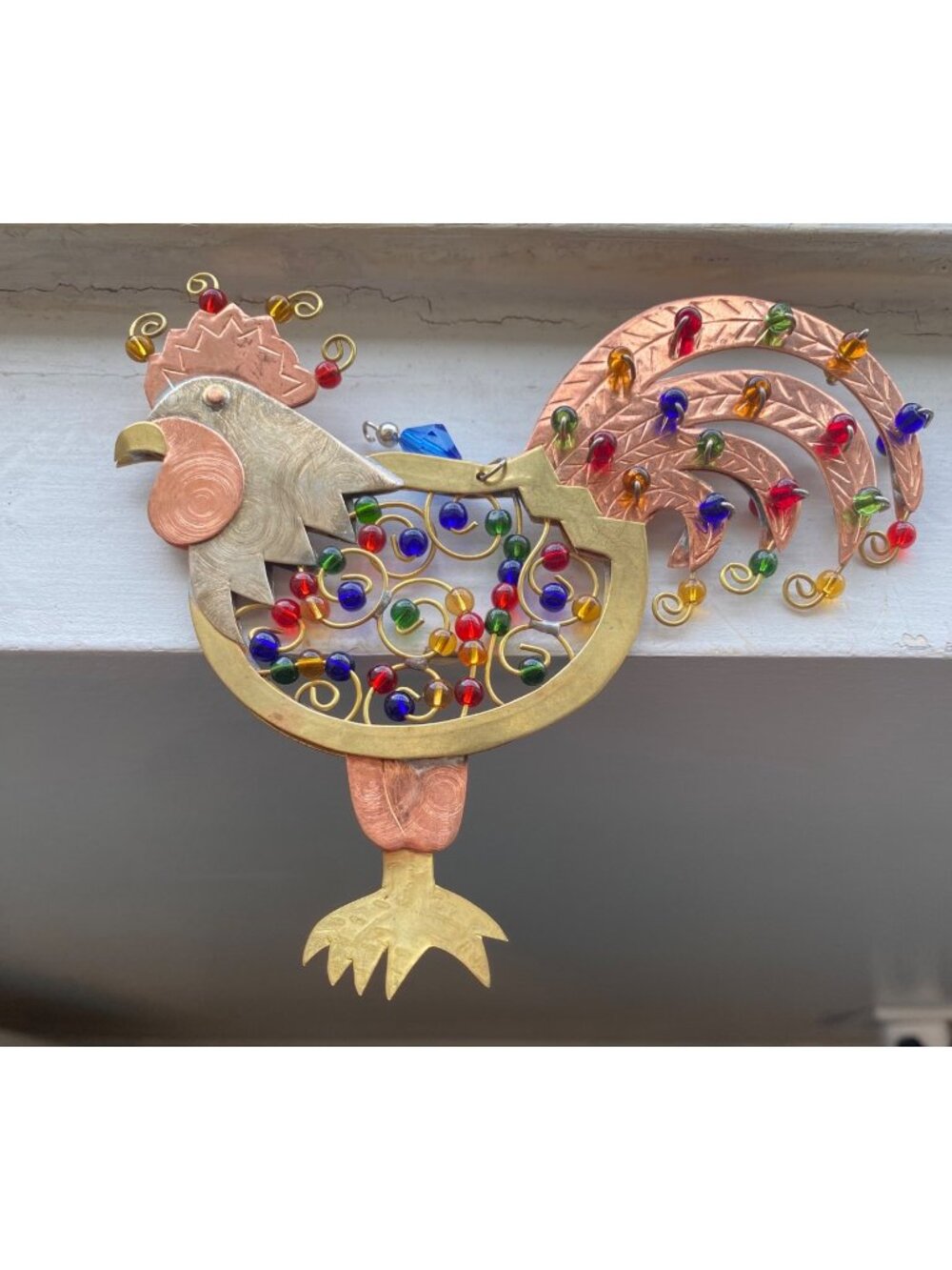 Handcrafted rise and shine Copper & Brass Rooster Ornament With Multicolor Glass